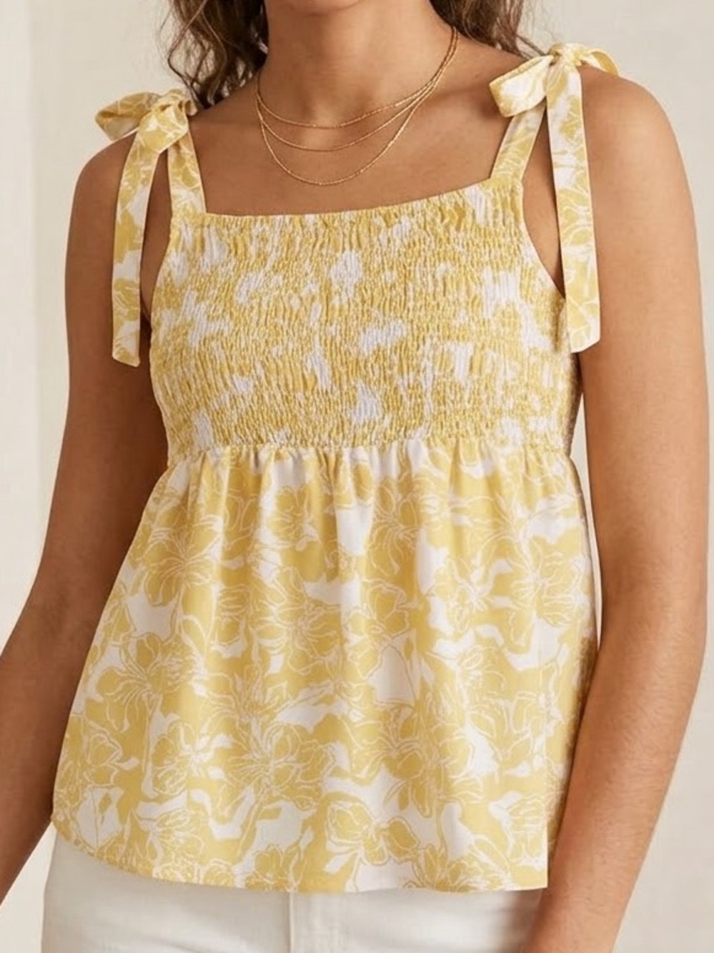 Isabel Linen Blend Smocked Yellow Floral Top Size L